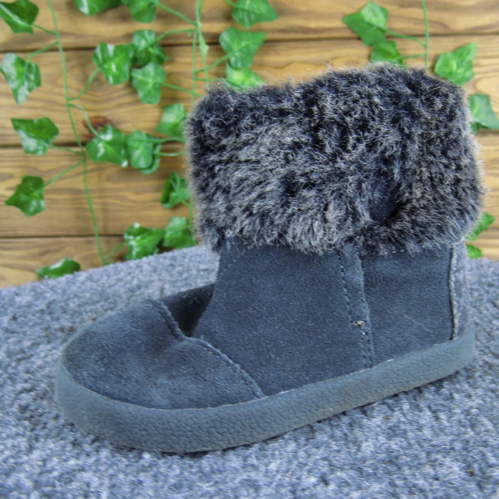Toms Toddler 7 Gray Faux Suede Faux Fur Lined Ankle Boots Warm Cozy Winter Shoe
